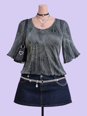 Vintage Y2K Black White Textured Blouse Women's Petite L 3/4 Sleeve Whimsygoth